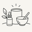 Line drawing icon of a dropper bottle, candle jar, mortar and pestle, and botanical leaves, representing small-batch handcrafted candle and fragrance production