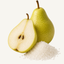 Two pears, one whole and one halved, with a pile of sugar on a white background