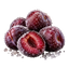 A cluster of dark red plums, including one halved plum showing the red flesh and pit, covered in sugar crystals on a white background.
