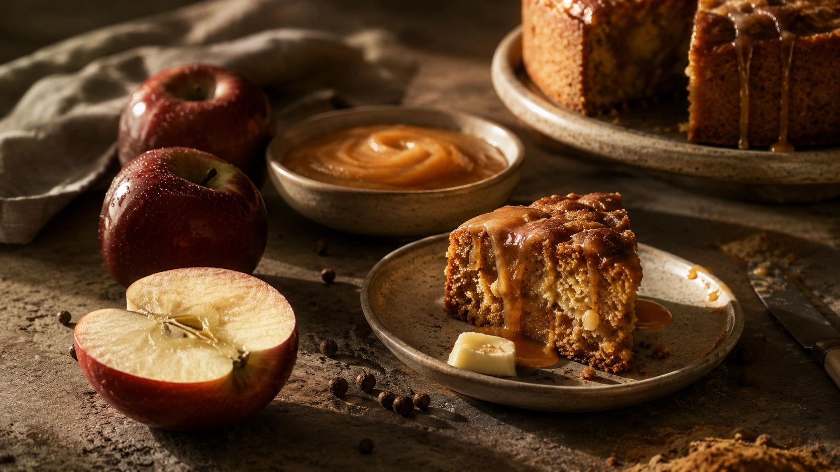 Glossy red apples, apple butter, and warm toffee cake drizzled with caramel on a rustic stone table, inspired by Upsensed Toffee + Apple Butter fragrance.