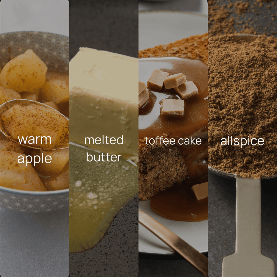 Fragrance notes for Upsensed Toffee + Apple Butter candle featuring warm apple, melted butter, toffee cake, and allspice.