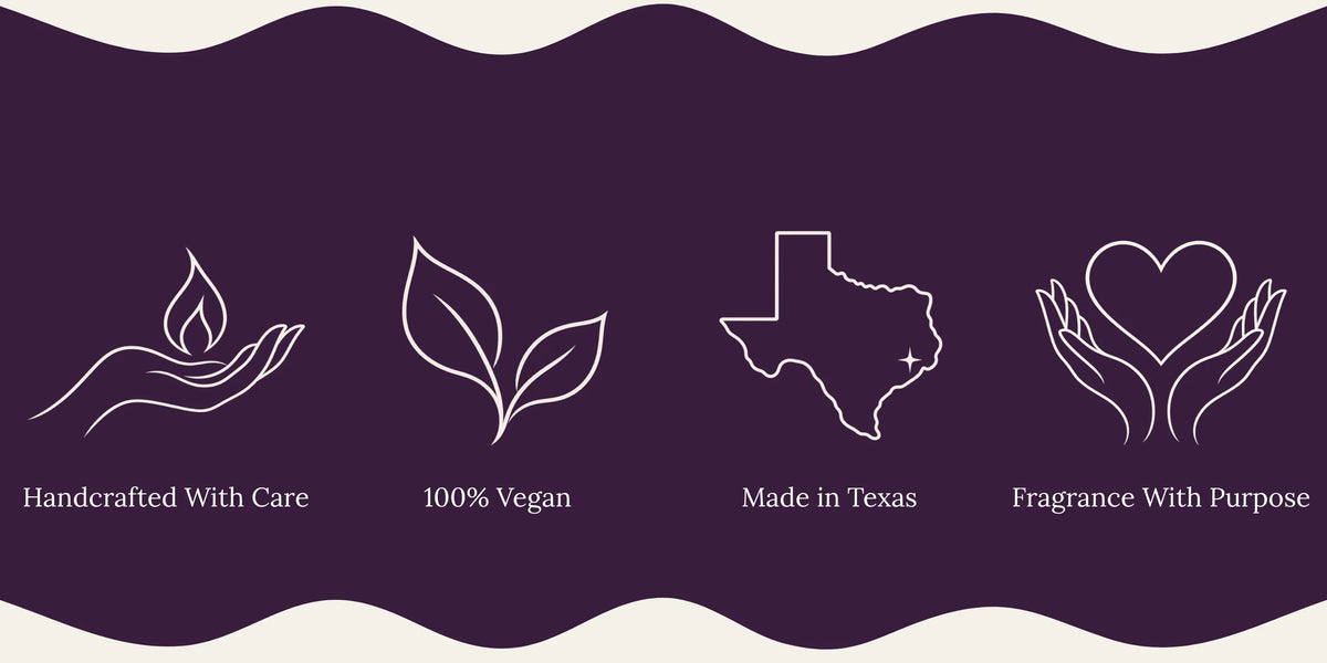 A promotional graphic with a dark purple wavy background and white line icons with text: a hand holding a flame reading 'Handcrafted With Care,' two leaves reading '100% Vegan,' a Texas outline with a star reading 'Made in Texas,' and hands forming a heart reading 'Fragrance With Purpose.'.