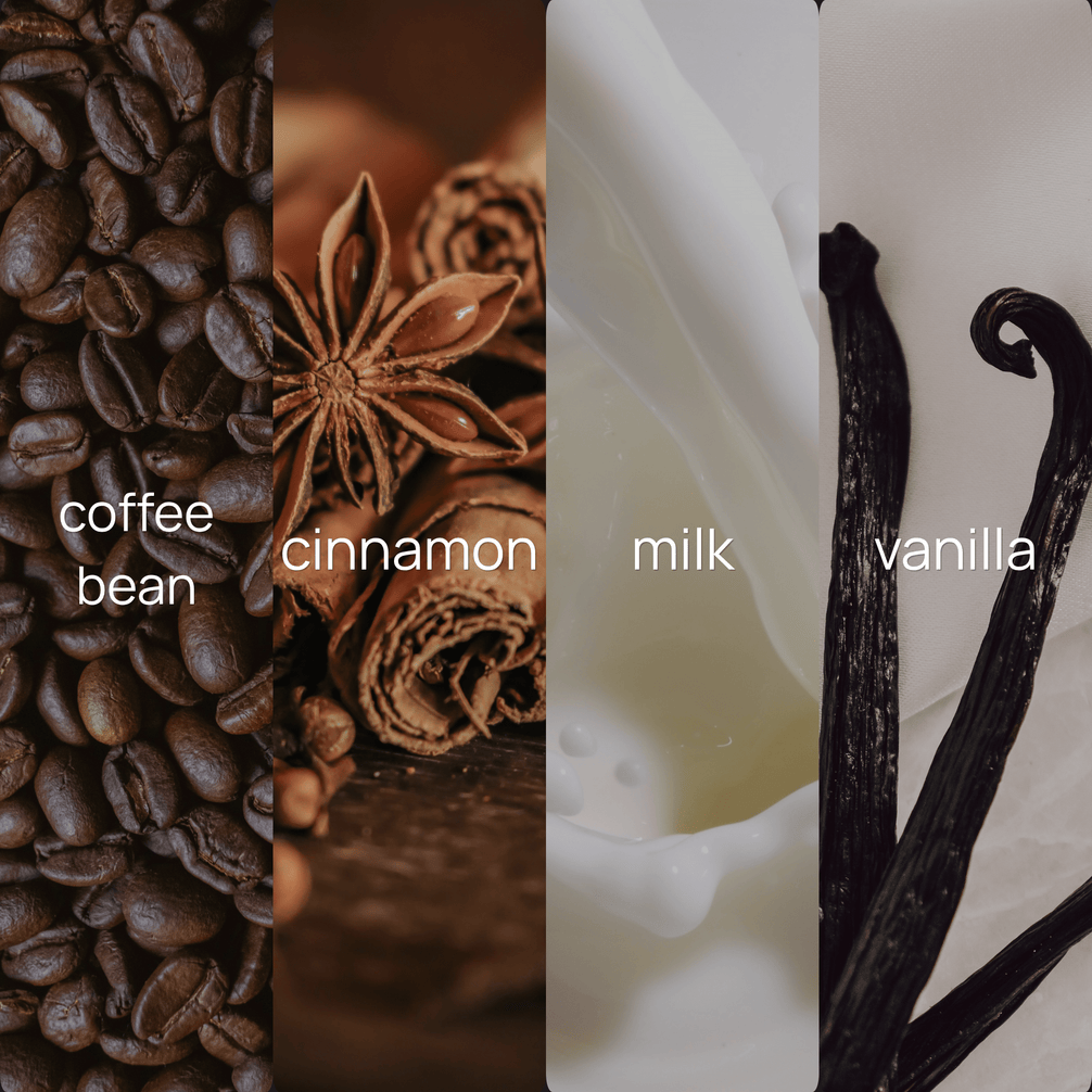 Upsensed Café Doré fragrance note collage featuring coffee bean, cinnamon, milk, and vanilla