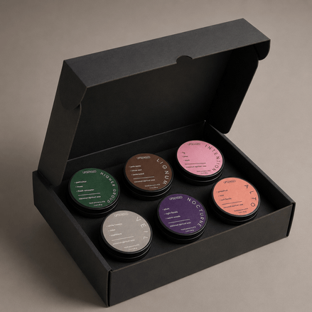 Upsensed Candle Discovery Set gift box open, showing 6 mini candles nestled inside — Higher Ground, Lignum, Intention, Veil, Nocturne, and Alto 2 oz coconut-apricot wax candles in matte black tins, hand poured in Houston
