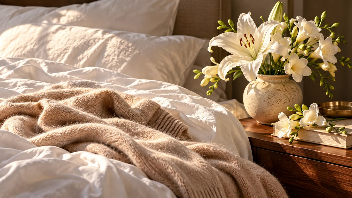 A softly lit bed with crisp white sheets and a beige knit sweater draped across the duvet, beside a walnut nightstand holding a ceramic vase of white lilies and freesia, evoking the soft, cozy scent of Cloud Nine by Upsensed.