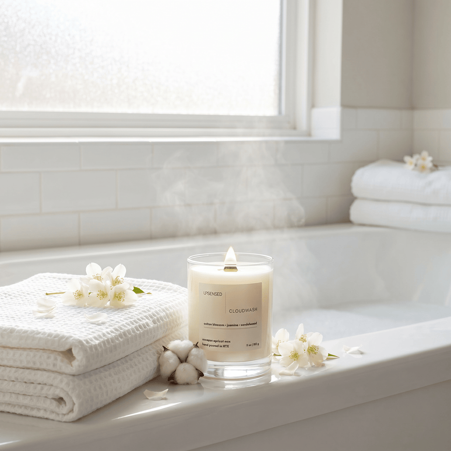 Upsensed Cloudwash clean floral candle burning on a white bathtub ledge beside folded towels and fresh jasmine blossoms