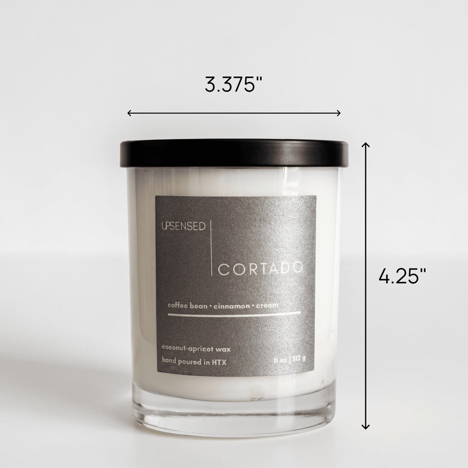 Upsensed Cortado candle with black lid showing dimensions — 3.375 inches wide by 4.25 inches tall