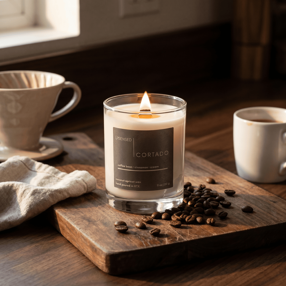 Upsensed Cortado gourmand candle burning on a dark wood board surrounded by scattered coffee beans beside a ceramic pour-over and cup