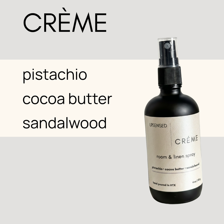 Upsensed Creme Room and Linen Spray 4oz - pistachio, cocoa butter, and sandalwood fragrance notes
