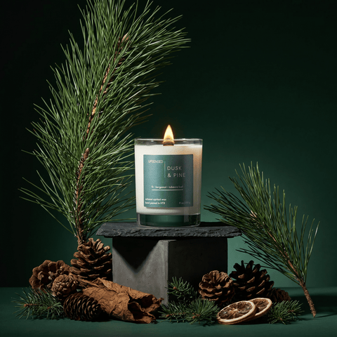 Upsensed Dusk & Pine candle burning on a concrete pedestal surrounded by pine branches, pinecones, and dried citrus against a deep forest green background