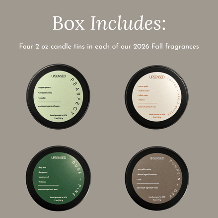 A product graphic showing four round candle tins arranged in a 2x2 grid under the heading 'Box Includes:'. The text says the box includes four 2 oz candle tins in each of the 2026 Fall fragrances.