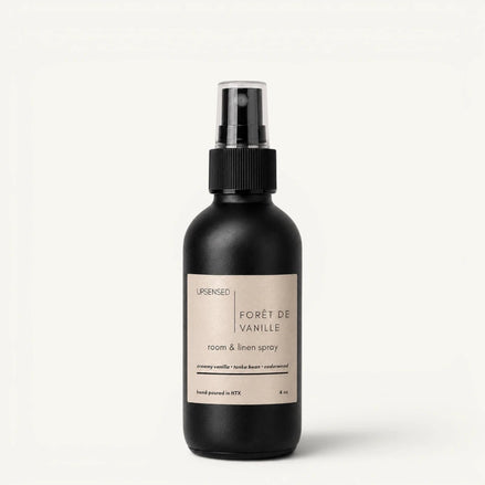 Upsensed Forêt de Vanille room and linen spray, 4 oz black bottle with creamy vanilla, tonka bean and cedarwood scent notes