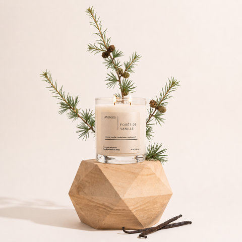 Upsensed Forêt de Vanille candle styled with pine branches and vanilla bean pods on a geometric wood pedestal.