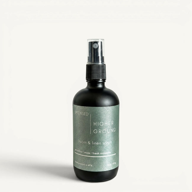 Upsensed Higher Ground 4oz Room and Linen Spray in matte black bottle with green label - petrichor moss and rainwater linen spray