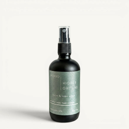 Upsensed Higher Ground 4oz Room and Linen Spray in matte black bottle with green label - petrichor moss and rainwater linen spray
