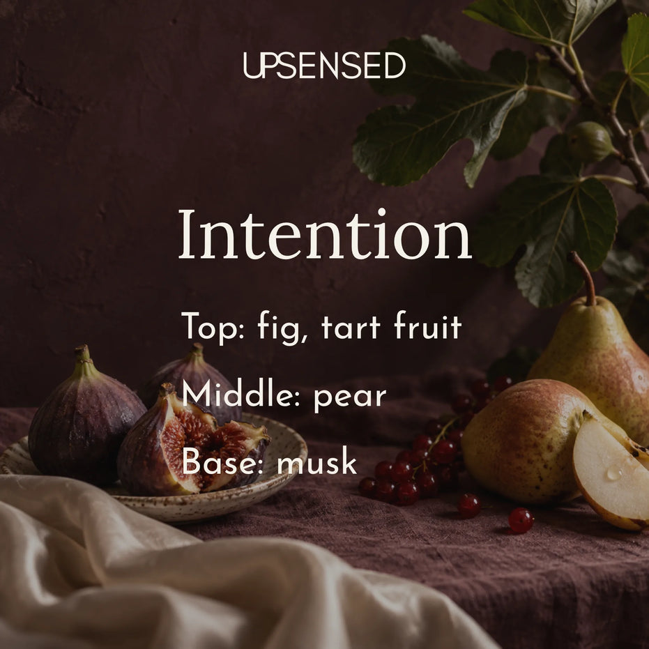 Intention soy candle fragrance notes: fig and tart fruit on top, pear in the middle, and musk at the base, shown with fresh figs, ripe pears, and red currants on plum linen with a soft cream cloth.