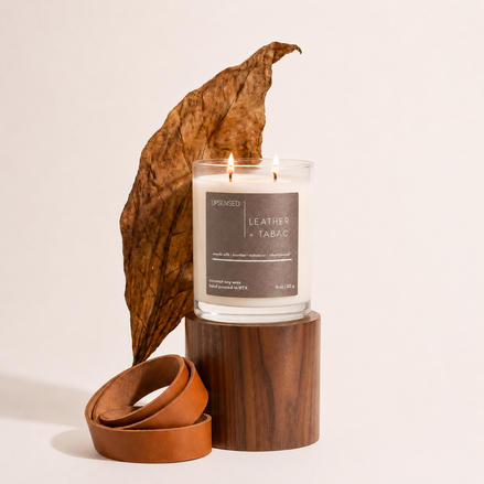 Upsensed Leather + Tabac candle on a wood pedestal, styled with a dried tobacco leaf and coiled leather straps.