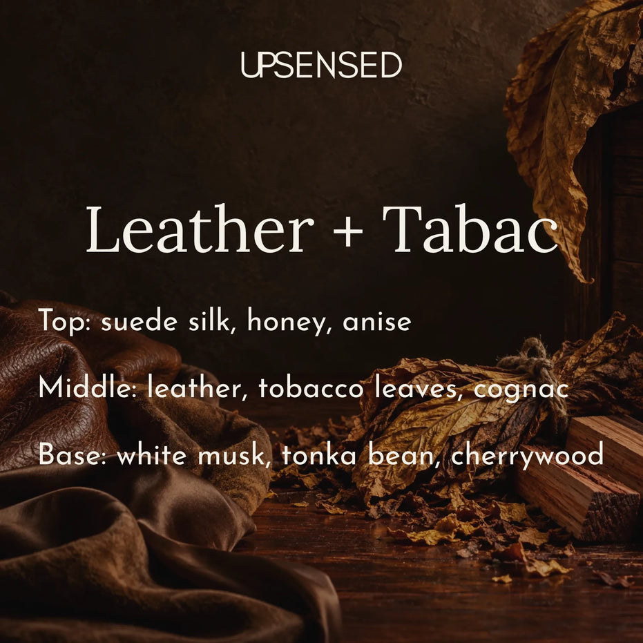 Leather + Tabac soy candle fragrance notes: suede silk, honey, and anise on top, leather, tobacco leaves, and cognac in the middle, and white musk, tonka bean, and cherrywood at the base, shown with brown leather, silk, and dried tobacco leaves on a dark wood table.