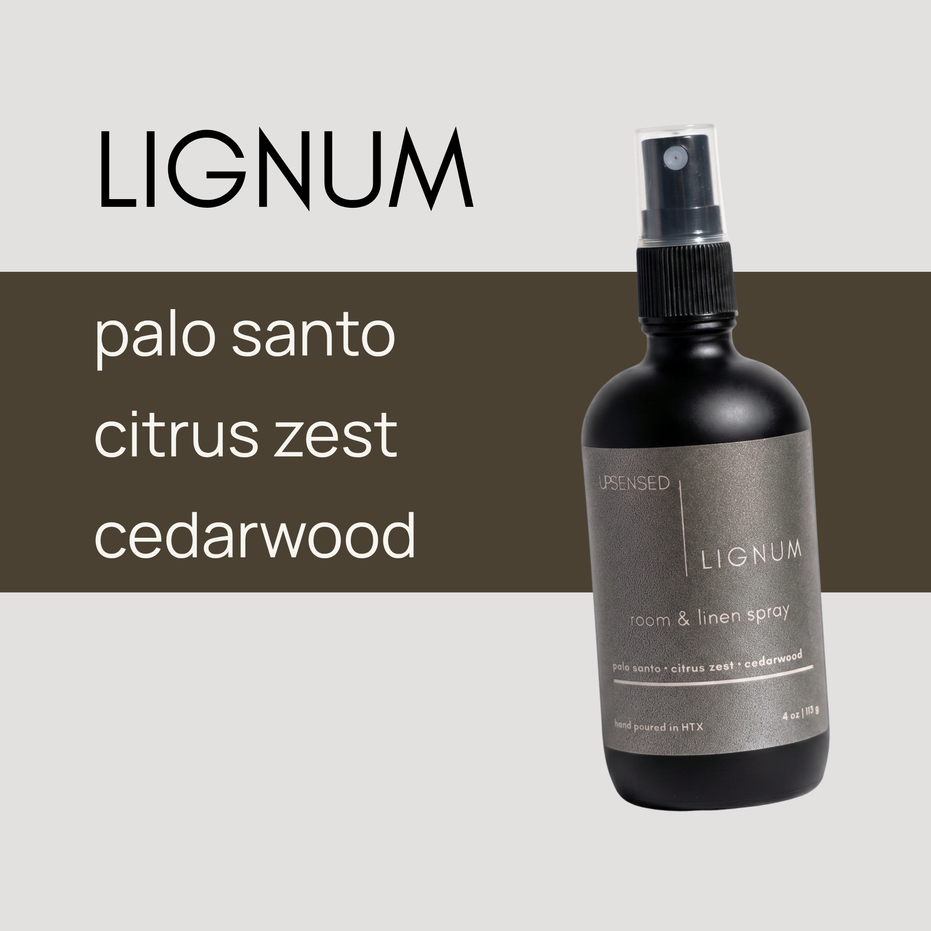 Upsensed Lignum Room and Linen Spray 4oz - palo santo, citrus zest, and cedarwood fragrance notes