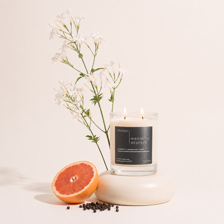 Upsensed Magnetic Reserve candle styled with sliced grapefruit, black peppercorns, and white jasmine on a ceramic base.