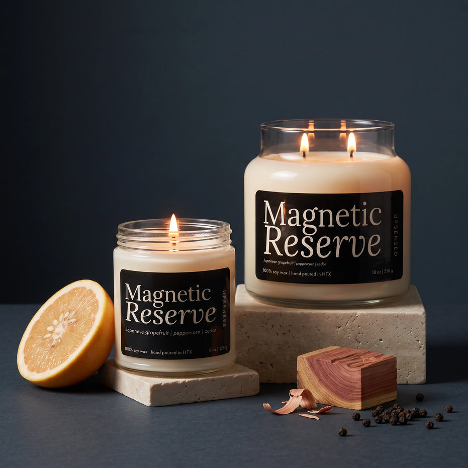 Magnetic Reserve 8 oz and 18 oz soy candles by Upsensed, lit, on travertine stone risers against a dark navy backdrop, with a halved grapefruit, a cedar block with shavings, and black peppercorns.