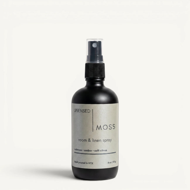 Upsensed Moss 4oz Room and Linen Spray in matte black bottle with sage green label - oakmoss amber and soft citrus linen spray