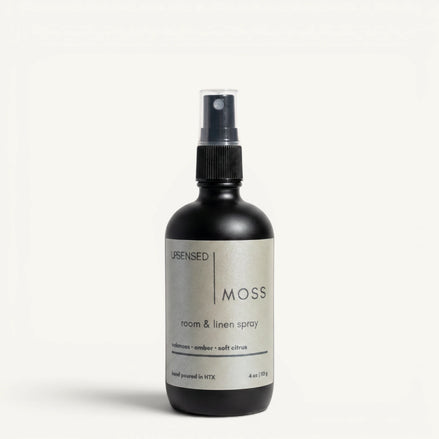 Upsensed Moss 4oz Room and Linen Spray in matte black bottle with sage green label - oakmoss amber and soft citrus linen spray
