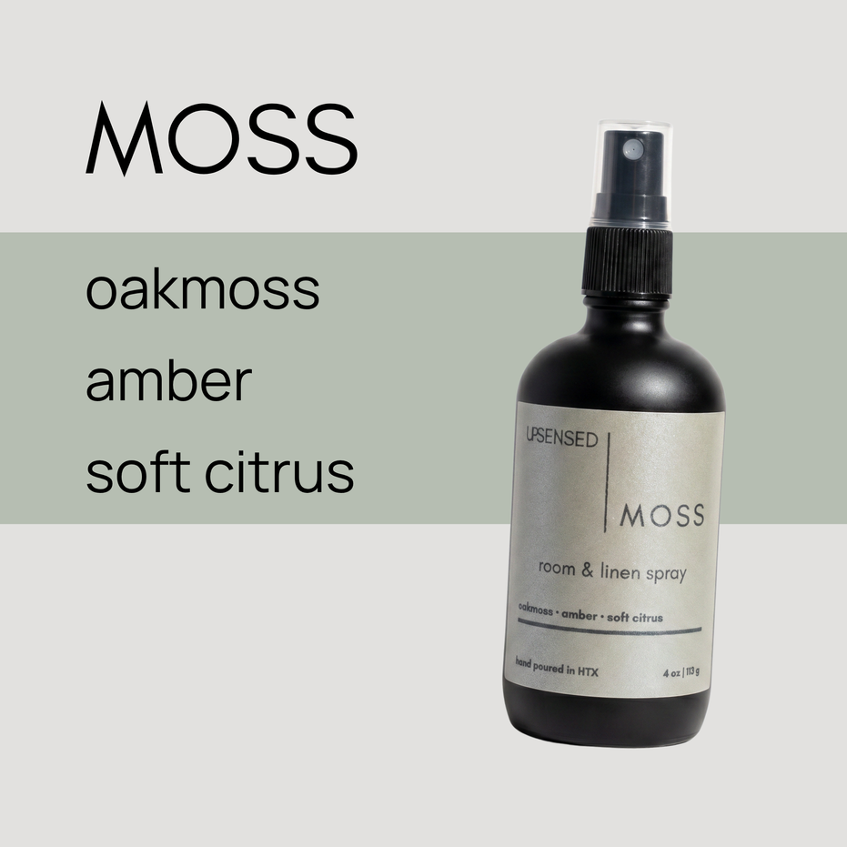 Upsensed Moss Room and Linen Spray 4oz - oakmoss, amber, and soft citrus fragrance notes