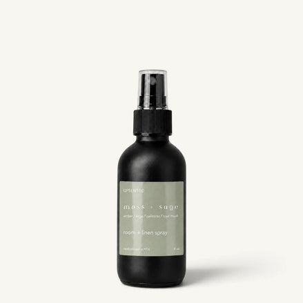 Upsensed Moss + Sage room and linen spray in a matte black 4 oz bottle with sage green label