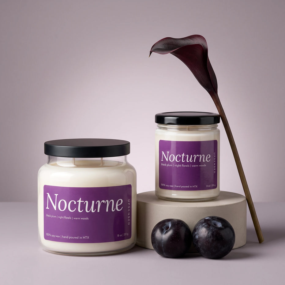 Upsensed Nocturne soy candle available in 8 oz and 18 oz sizes