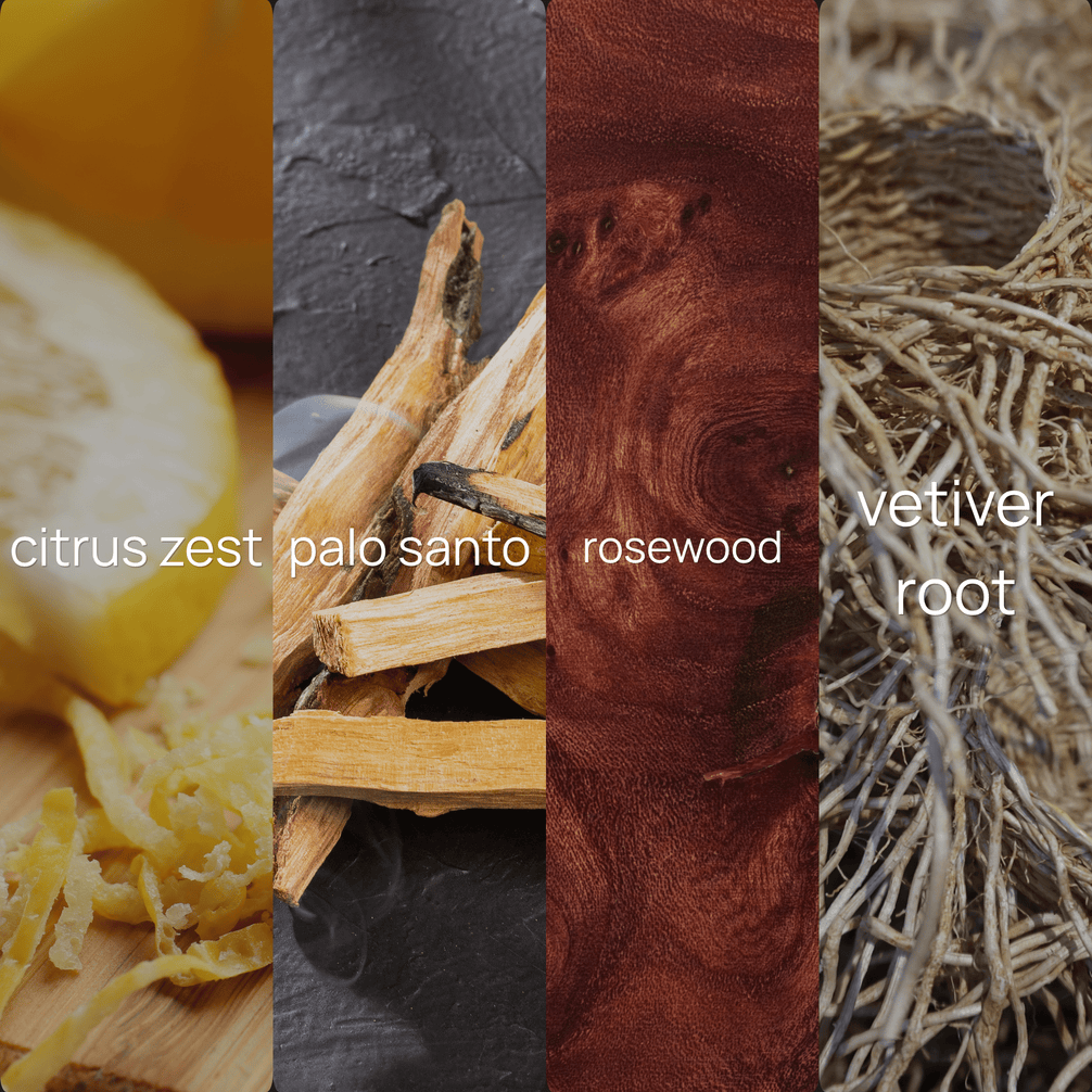 Upsensed Palo Santo + Rosewood fragrance note collage featuring citrus zest, palo santo, rosewood, and vetiver root