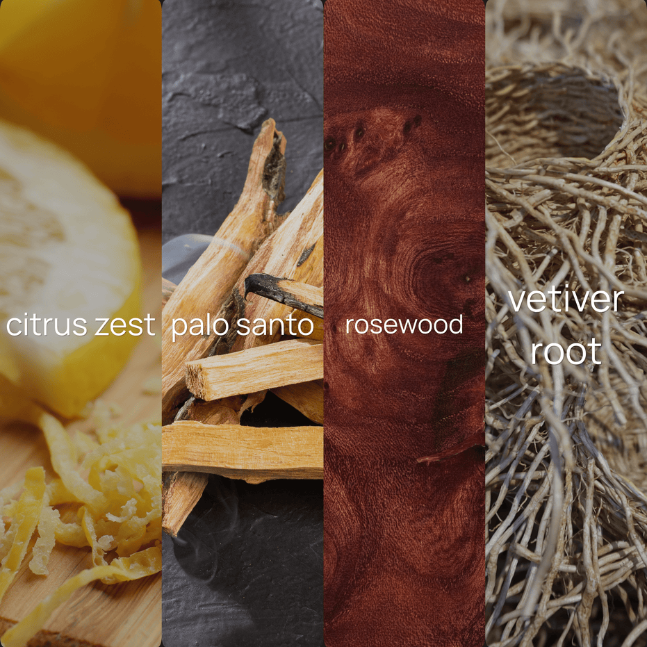 Upsensed Palo Santo + Rosewood fragrance note collage featuring citrus zest, palo santo, rosewood, and vetiver root