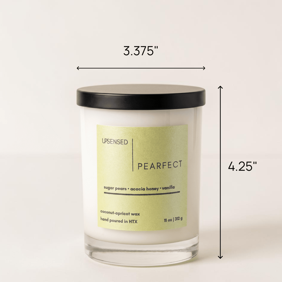 Upsensed Pearfect candle with black lid showing dimensions — 3.375 inches wide by 4.25 inches tall