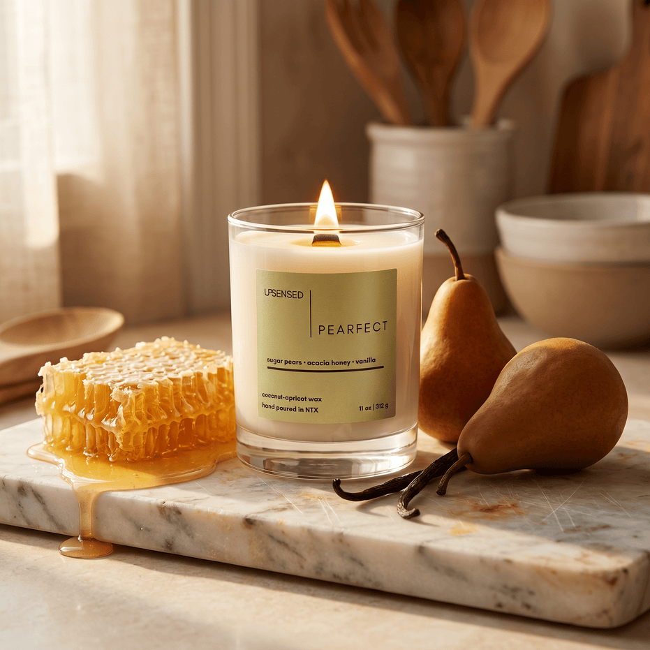 Upsensed Pearfect candle burning on a marble board in a warm kitchen setting surrounded by honeycomb and bosc pears