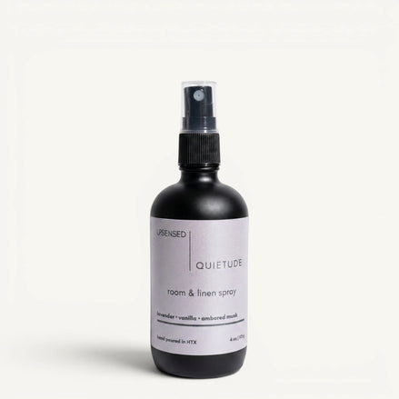 Upsensed Quietude room and linen spray 4oz black matte bottle — lavender vanilla ambered musk, hand poured in Houston TX