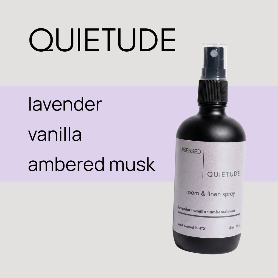 Quietude room and linen spray by Upsensed — lavender, vanilla, and ambered musk scent in 4oz black bottle