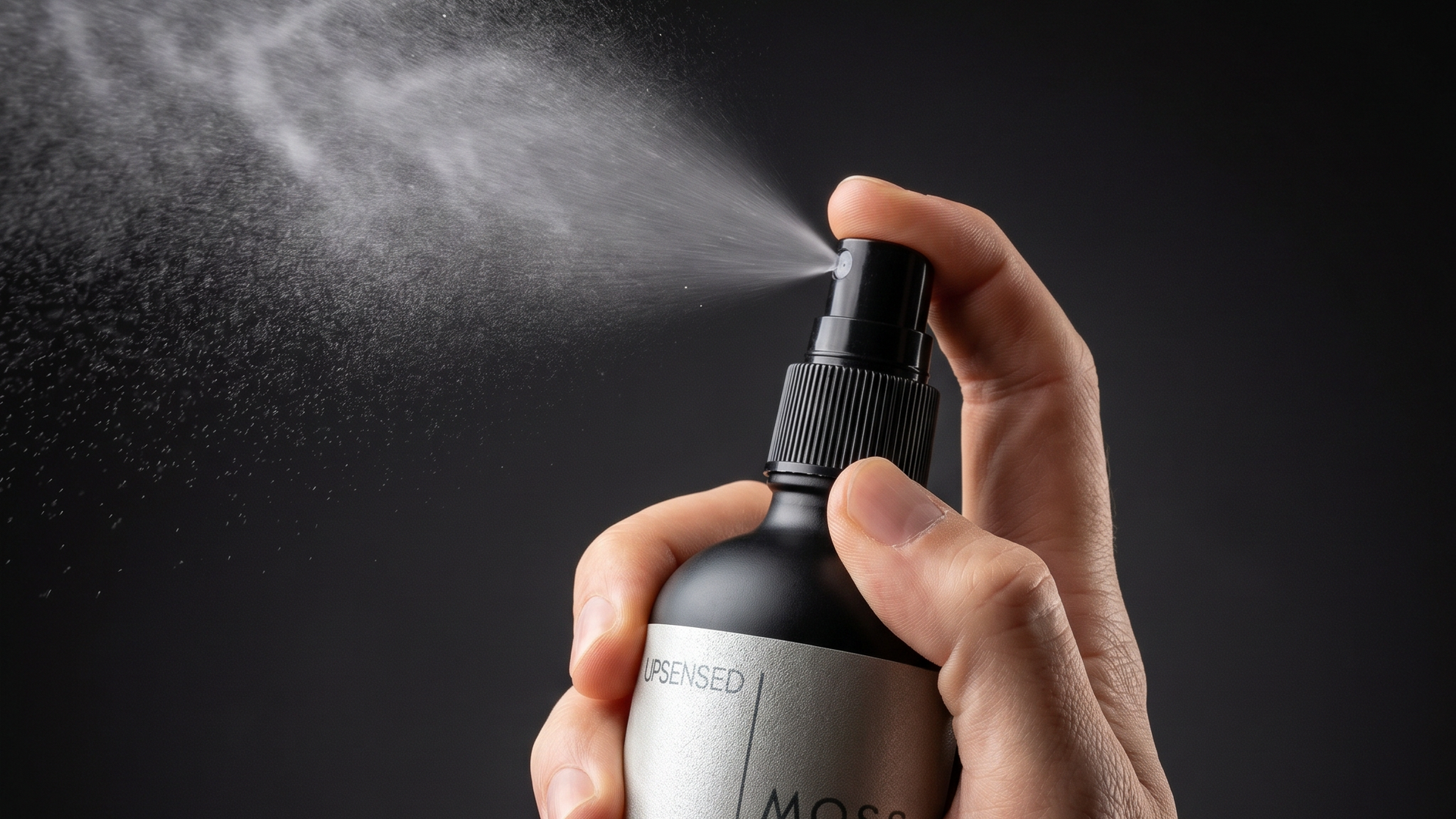 Hand spraying Upsensed Moss Room and Linen Spray - oakmoss amber and soft citrus home fragrance mist hand poured in Houston TX
