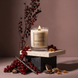 Upsensed Sacré candle burning on a stacked stone and marble pedestal surrounded by red currant branches, vanilla beans, smoked coconut pieces, and amber resin against a warm mauve background