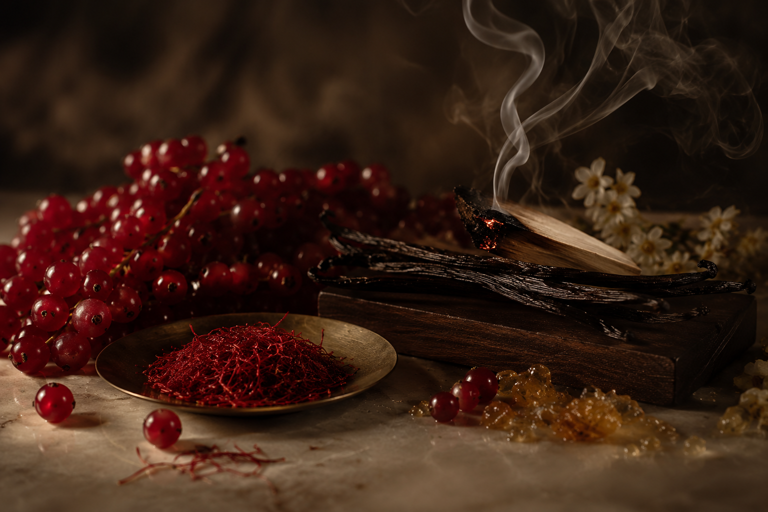 Upsensed Sacré candle fragrance ingredients styled on a dark marble surface — fresh red currants, saffron threads on a brass dish, smoldering charred vanilla noir beans with smoke rising, white musk florals, and amber resin crystals against a moody dark background
