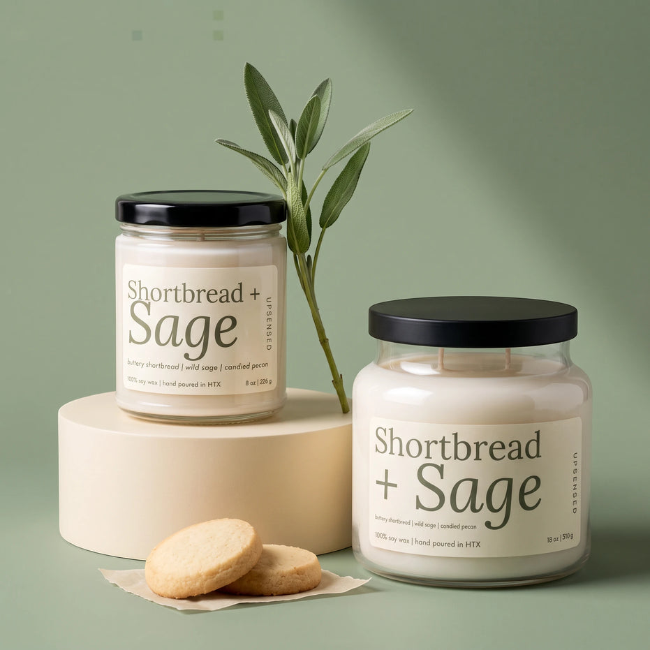 Two glass jar candles labeled 'Shortbread + Sage' are styled on a pale green background, with one candle on a cream pedestal and two small cookies in front. A green leafy stem runs between the jars.