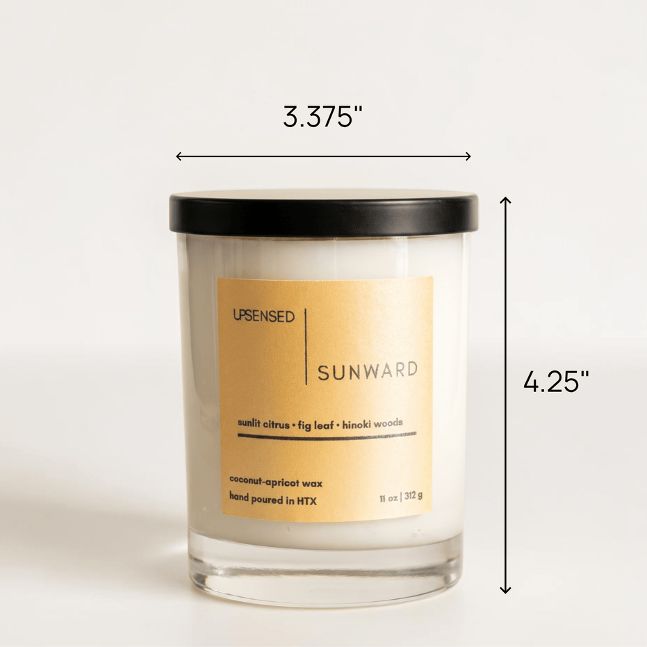 Upsensed Sunward candle with black lid showing dimensions — 3.375 inches wide by 4.25 inches tall