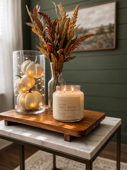 A lit candle in a clear glass jar sits on a wooden tray atop a marble-top side table, styled with dried wheat stems in a glass vase and white pumpkins inside a clear glass cylinder with warm string lights. The room has a dark green paneled wall and a framed landscape print.