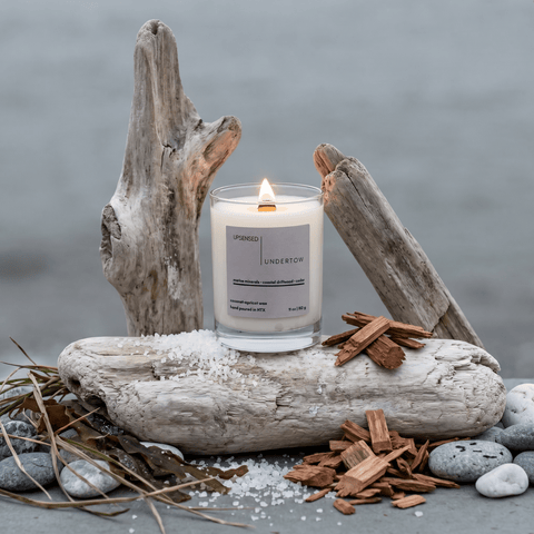 Upsensed Undertow candle burning on a large driftwood log at the coast, surrounded by sea salt, cedar wood chips, and smooth river stones