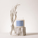 Upsensed Undertow candle burning on a weathered wood block, styled with a piece of driftwood, dried coastal grass, and scattered sea salt crystals.