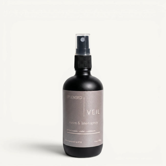Upsensed Veil room and linen spray 4oz black matte bottle — white freesia violet cashmere, hand poured in Houston TX