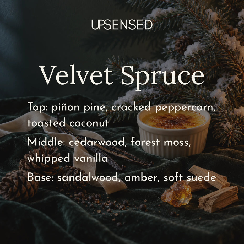 Velvet Spruce fragrance notes graphic over snowy spruce branches, a ramekin of crème brûlée, vanilla beans, pine cones, amber resin, and sandalwood on dark green velvet. Top notes piñon pine, cracked peppercorn, toasted coconut; middle notes cedarwood, forest moss, whipped vanilla; base notes sandalwood, amber, soft suede.