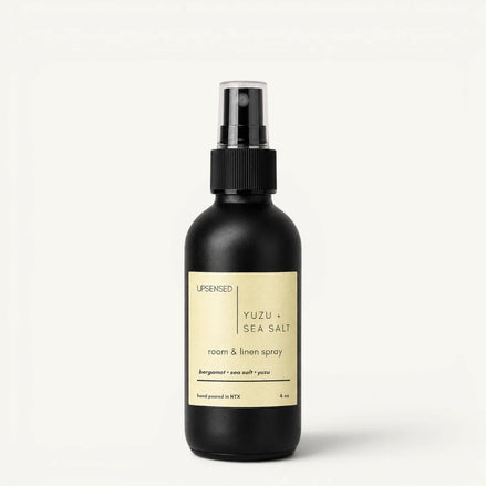 Upsensed Yuzu + Sea Salt room and linen spray, 4 oz black bottle with bergamot, sea salt and yuzu scent notes
