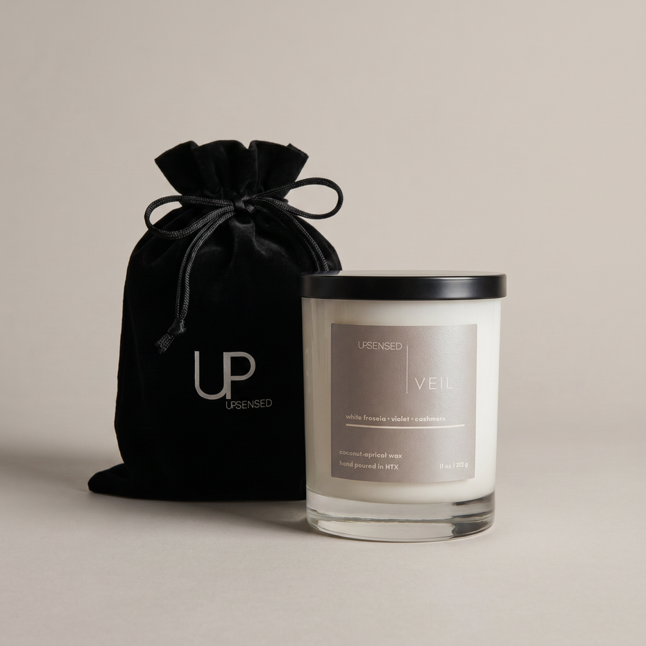 Upsensed Veil 11oz scented candle with black velvet drawstring gift bag - white freesia violet and cashmere coconut apricot wax candle hand poured in Houston