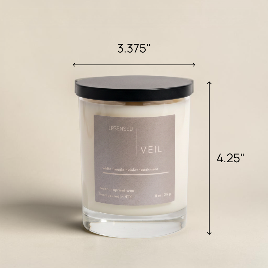 Upsensed Veil scented candle dimensions - 3.375 inches wide by 4.25 inches tall - 11oz coconut apricot wax candle with white freesia violet and cashmere fragrance hand poured in Houston
