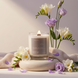 Upsensed Veil 11oz scented candle burning with wood wick surrounded by white freesia and violet flowers on soft cashmere fabric - coconut apricot wax candle hand poured in Houston